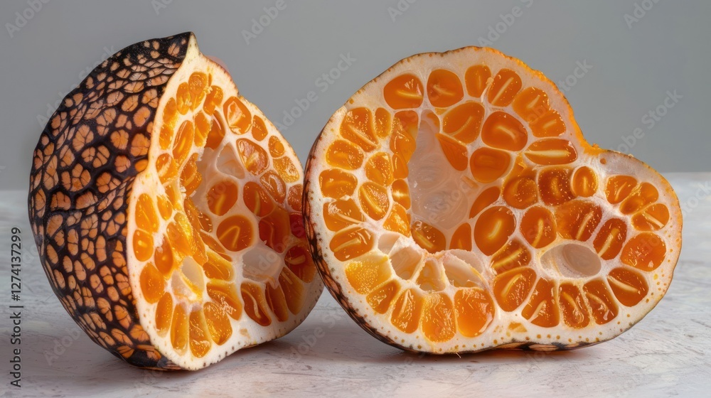 Poster a cross-section of a fruit with vibrant orange pulp and unique texture.