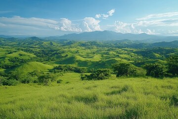 Obraz premium A panoramic view of rolling hills covered in lush green grass under a clear blue sky, showcasing the beauty of rural landscapes