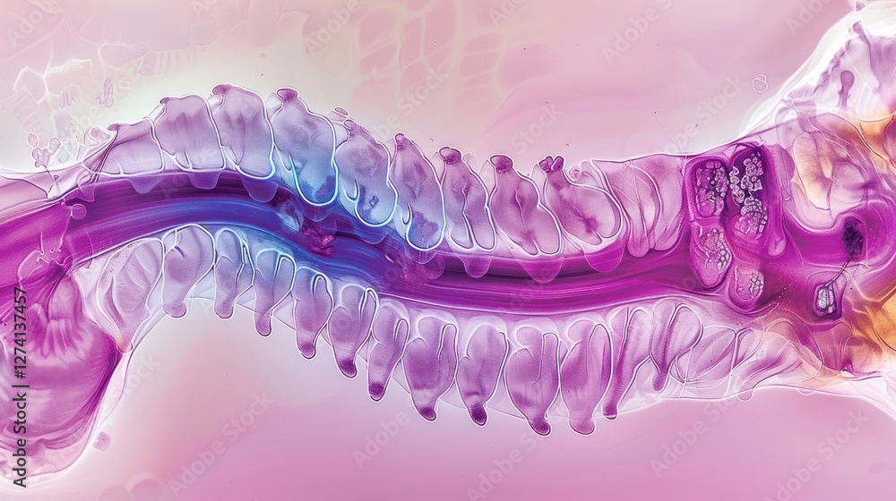 Poster abstract representation of a spinal structure with vibrant colors and fluid dynamics.