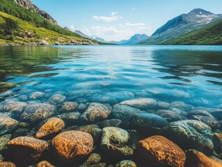 a lake with crystal-clear water, where the smooth rocks are visible beneath the surface, creating a peaceful