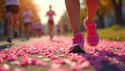 Close-up of runner foot stepping onto path decorated with pink flower petals. Sunny spring outdoor setting. Represents Breast Cancer Awareness run, vibrant colors, promotes wellness, active