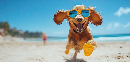 A playful image of a dog wearing flip-flops, running joyfully on the beach, capturing a fun and lighthearted moment