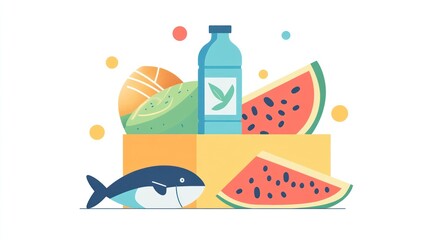 Naklejka premium Healthy summer picnic box with fruit, fish, and water