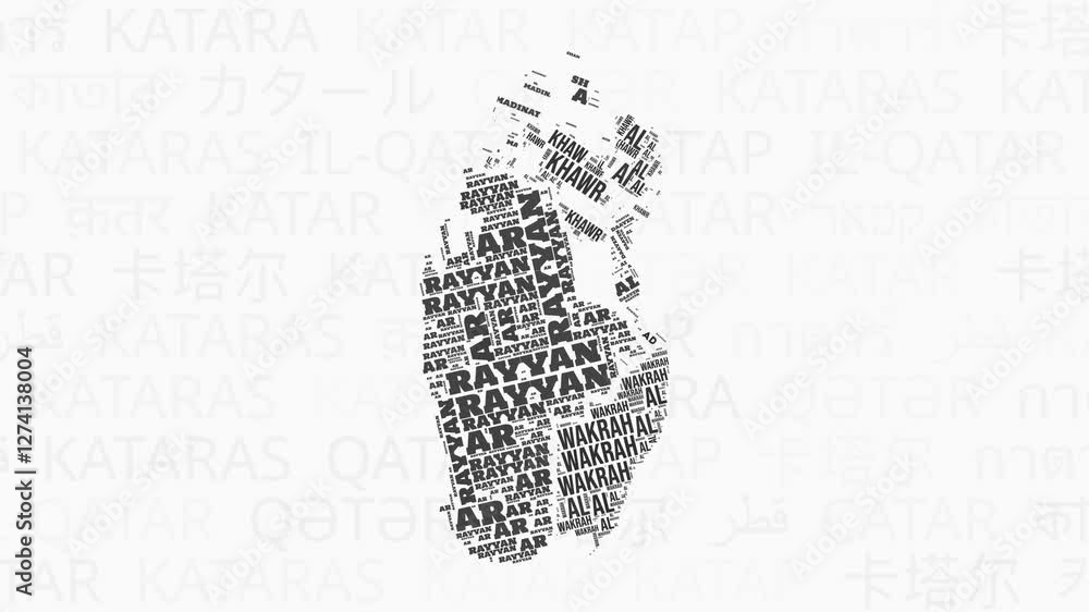 Poster qatar intro animation. country with regions illustration video. background with country names in var