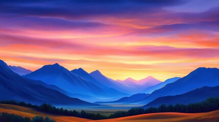 Fototapeta premium A breathtaking view of rolling mountains at sunset, showcasing vibrant hues of orange, purple, and blue