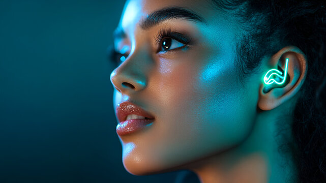 Young woman with neon ear device in futuristic setting, World Hearing Day