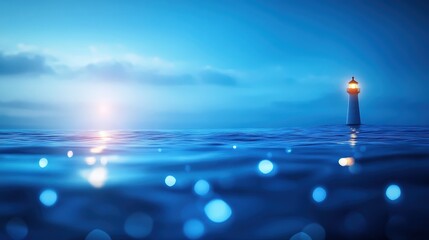 Fototapeta premium A serene seascape featuring shimmering blue waters at sunset, with a distant lighthouse standing majestically, symbolizing guidance and hope amidst nature's beauty.