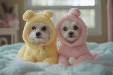 Pets dressed in Easter costumes, playful and humorous, pet theme.