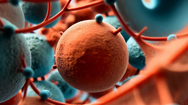 A close up of a blue and orange object with many small circles. The circles are of different sizes and colors