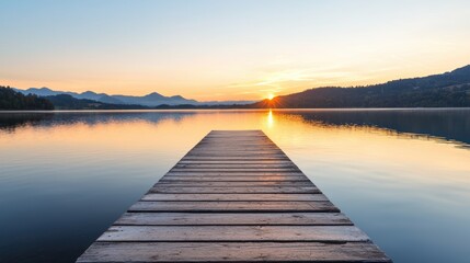 serene wooden pier stretches over calm lake at sunrise, with mountains in background