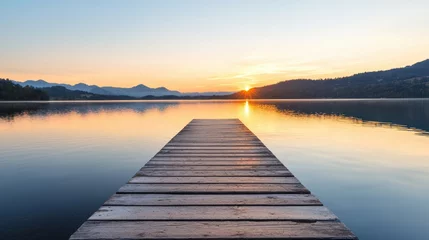  serene wooden pier stretches over calm lake at sunrise, with mountains in background © Enjoy