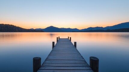 Fototapeta premium serene wooden pier stretches over calm lake at sunrise, surrounded by mountains