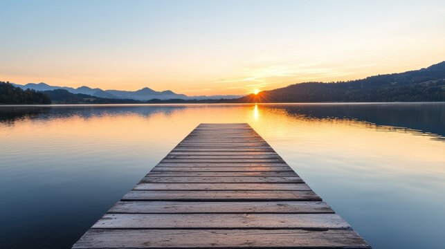 Fototapeta serene wooden pier stretches over calm lake at sunrise, with mountains in background