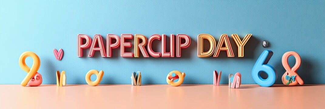 A playful scene with paperclips arranged to spell out "PAPERCLIP DAY" on a colorful background