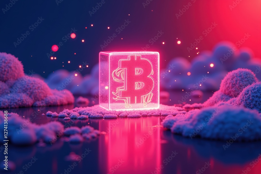 Poster a glowing cryptocurrency symbol: exploring the digital frontier with a luminous bitcoin block set ag