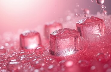 Close-up of pink soda with ice cubes. Refreshing sweet pink beverage, many air bubbles, water droplets. Cool summer drink with fizz and sugar, abstract wet background.