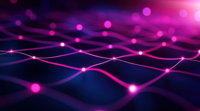 This vibrant digital network illustrates a seamless connection of bright nodes and flowing lines, creating an abstract representation of technology and innovation in a modern world