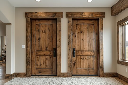 Rustic elegance: two wooden doors framed with textured wood trim complemented by a soft rug in a bright modern interior space