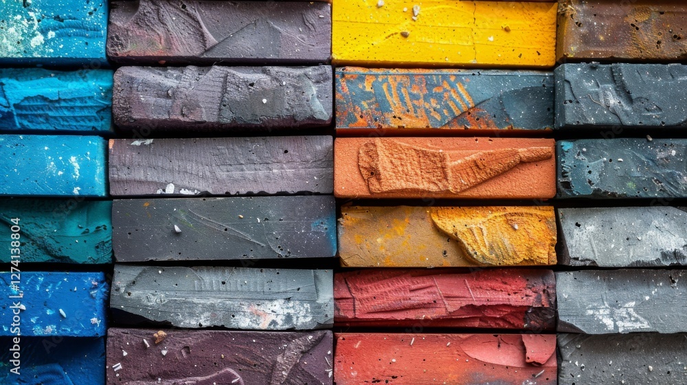 Fototapete A vibrant assortment of bricks sits neatly arranged in various colors, highlighting their unique textures and surfaces in a creative workshop environment.