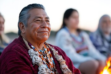 Fototapeta premium An elder confidently wears traditional garments, smiling warmly as part of a community gathering, showcasing the richness of cultural heritage and the values of respect and unity.