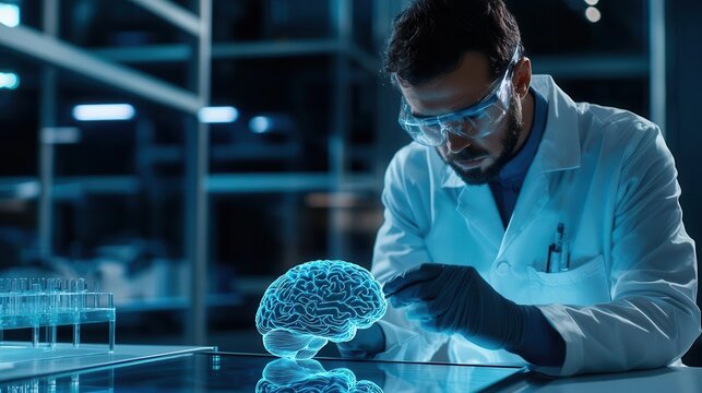 A scientist in a hightech lab examining a holographic model of a human brain, representing neurological research
