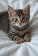 Adorable gray tabby kitten with striking blue eyes lying on a soft white blanket, curiously looking at the camera in cozy natural lighting