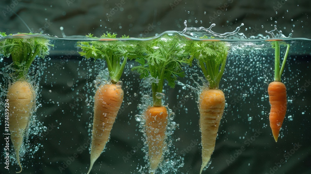 Poster fresh carrots submerged in water, creating bubbles and splashes.