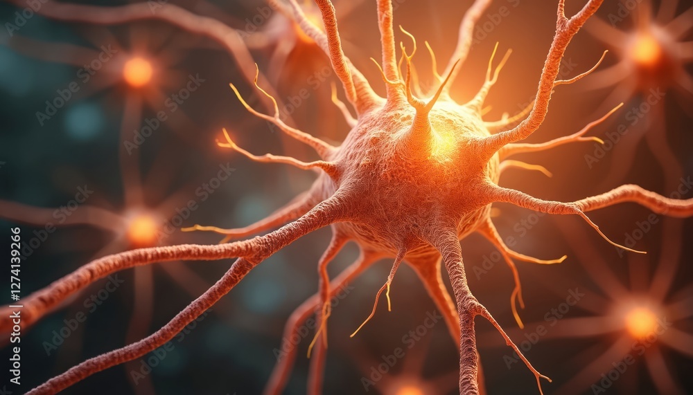 Poster illustration of neuron cells sending electric signals in brain for neural activities. orange glowing