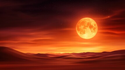 A stunning desert landscape at dusk featuring a large, vibrant orange moon illuminating the serene dunes, creating a mystical atmosphere that invites exploration and wonder.