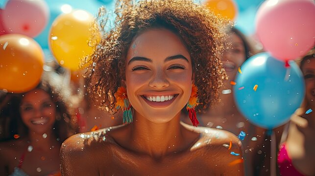 Radiant joy vibrant scene of diverse women celebrating together, surrounded by colorful balloons and flowers, set against a bright blue background.