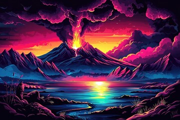 Fototapeta premium Volcano errupting and spitting out hot magma and smoke. Ai Generative