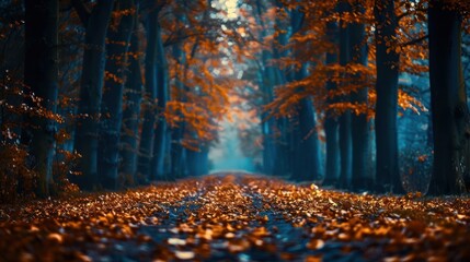 A serene forest pathway lined with vibrant autumn leaves, creating a tranquil atmosphere.