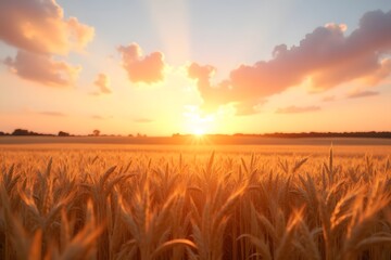 A rolling field of wheat, swaying gently beneath a sunrise sky painted in pink and gold.