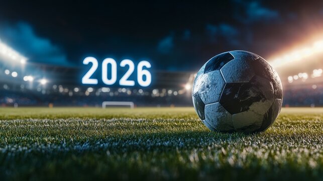 Soccer 2026: A New Era Begins - Close-up of a soccer ball on a dewy field at night, with a stadium and "2026" illuminated in the background
