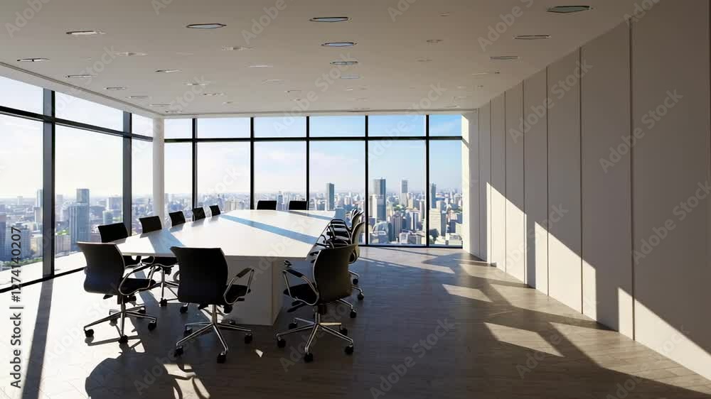 Poster soft sunlight gradually sweeping across sleek conference room, casting dynamic shadows while illumin