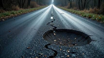 A Deep Pothole on a Wet Rural Asphalt Road with Cracks Extending from It
