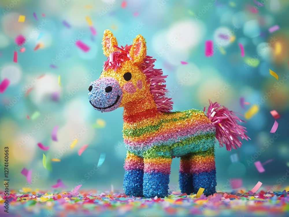 Poster festive and playful donkey pinata bursting with color and confetti against a soft blurred background