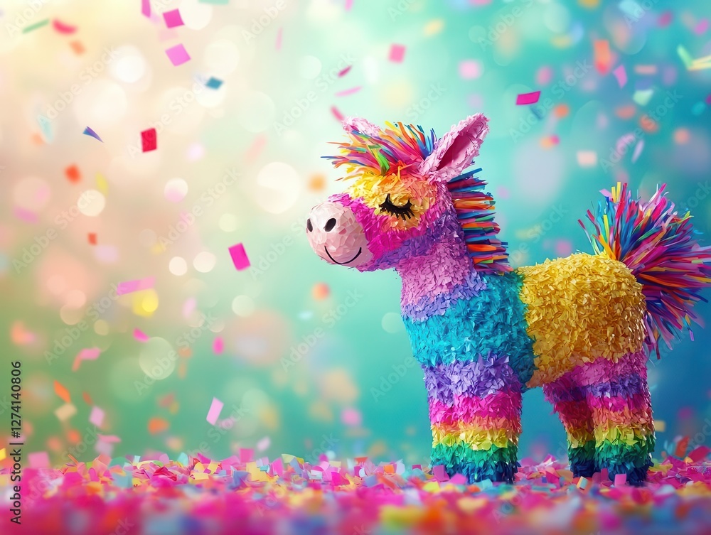 Aufkleber festive and playful donkey pinata bursting with color and confetti against a soft blurred background