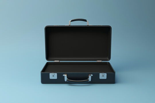 Opened 3D black briefcase empty isolated on a color background