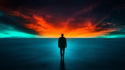 Solitary Journey into the Fiery Sunset - A lone figure walks towards a dramatic, fiery sunset, symbolizing hope, solitude, journey, transition, and the unknown