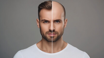 Transformation of a man's hairstyle showcasing a contrasting look from full hair to baldness in a studio setting