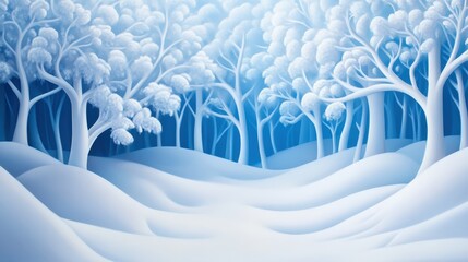 Obraz premium A serene winter landscape with softly falling snow, blanketing white trees and a gentle blue background. A peaceful scene that evokes calmness and tranquility during winter months.