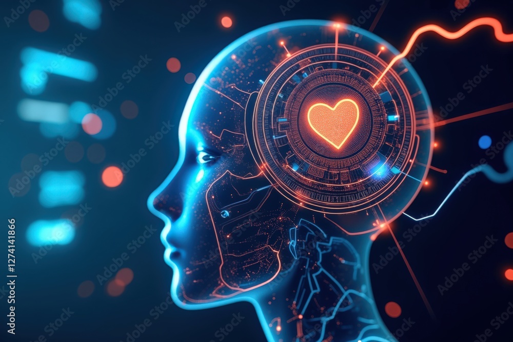 Poster a futuristic representation of an ai head with a heart symbol, merging technology and emotion in a n
