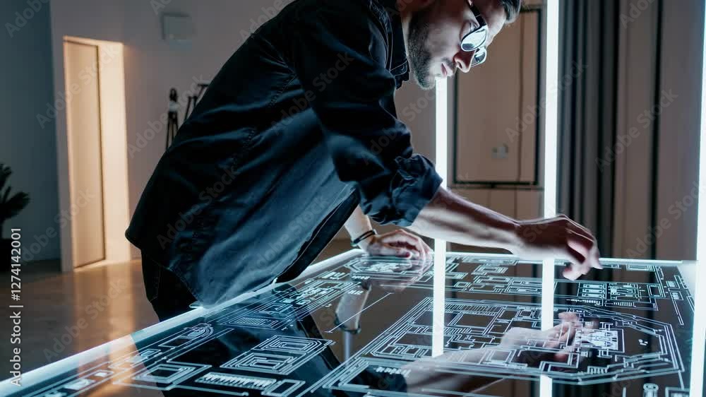 Poster a man interacts with a futuristic touchscreen table displaying architectural plans. side angle shot 