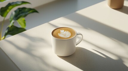 A white coffee cup sits on a light surface, showcasing latte art. Soft shadows and a green plant enhance the serene atmosphere.