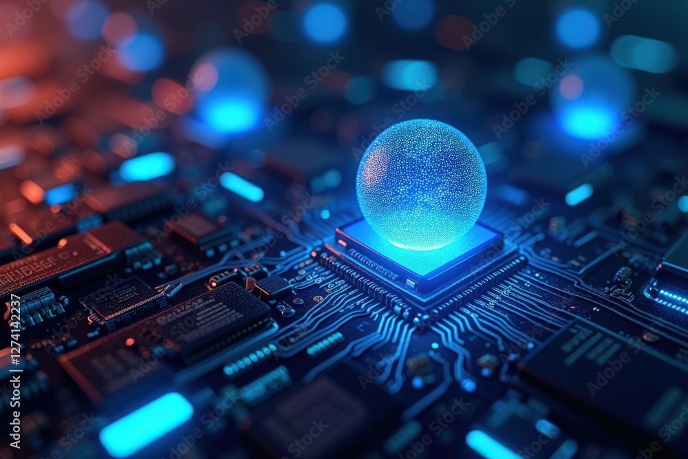 Poster futuristic close-up of a high-tech circuit board featuring glowing blue spheres and microchips, repr