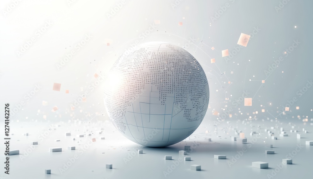 Leinwandbilder stylized digital globe illustration on white background, abstract squares, network lines represent g