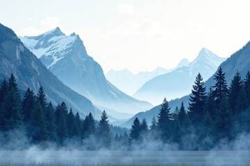 Fototapeta premium Serene Mountain Vista Misty Morning in a Coniferous Forest at the Foot of Majestic Peaks