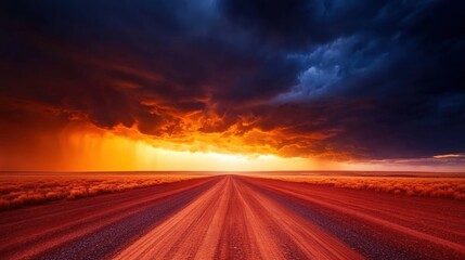 A breathtaking view of a dramatic sunset over a vast open road, where vibrant colors blend seamlessly with dark stormy clouds, evoking a sense of adventure and awe in nature.