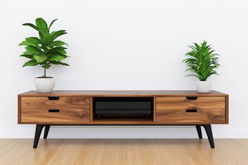 minimal photostock of a  TV cabinet and storage space in a living room with a white wall. Generative AI , isolated on white background,  , copy space, copy space for text,